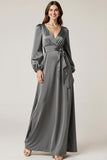 Dark Grey A-Line Backless V-Neck Wedding Guest Dress with Sash