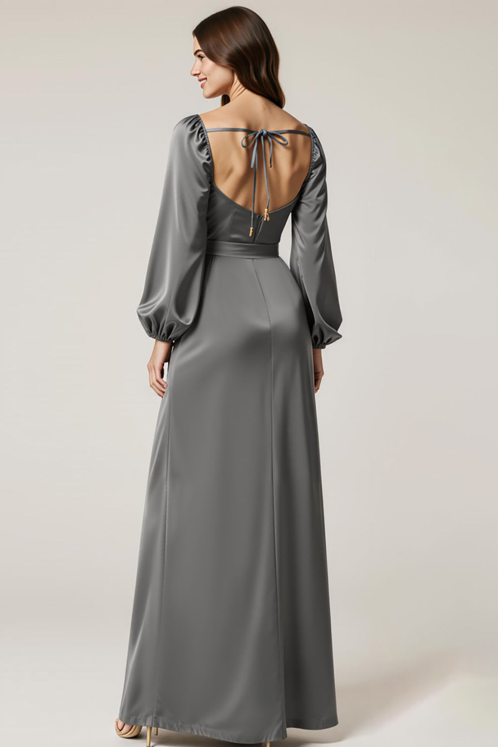 Dark Grey A-Line Backless V-Neck Wedding Guest Dress with Sash