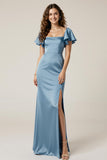 Dusty Blue Sheath Square Neck Maxi Dress With Slit
