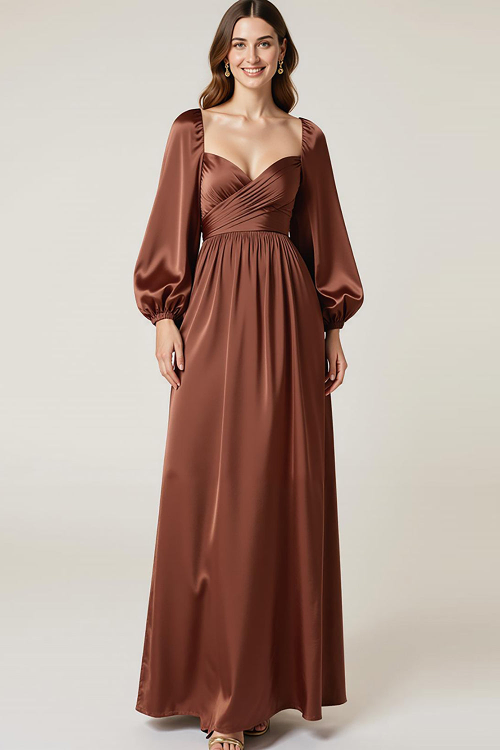 Coffee Sweetheart A-Line Maxi Wedding Guest Dress with Long Sleeves