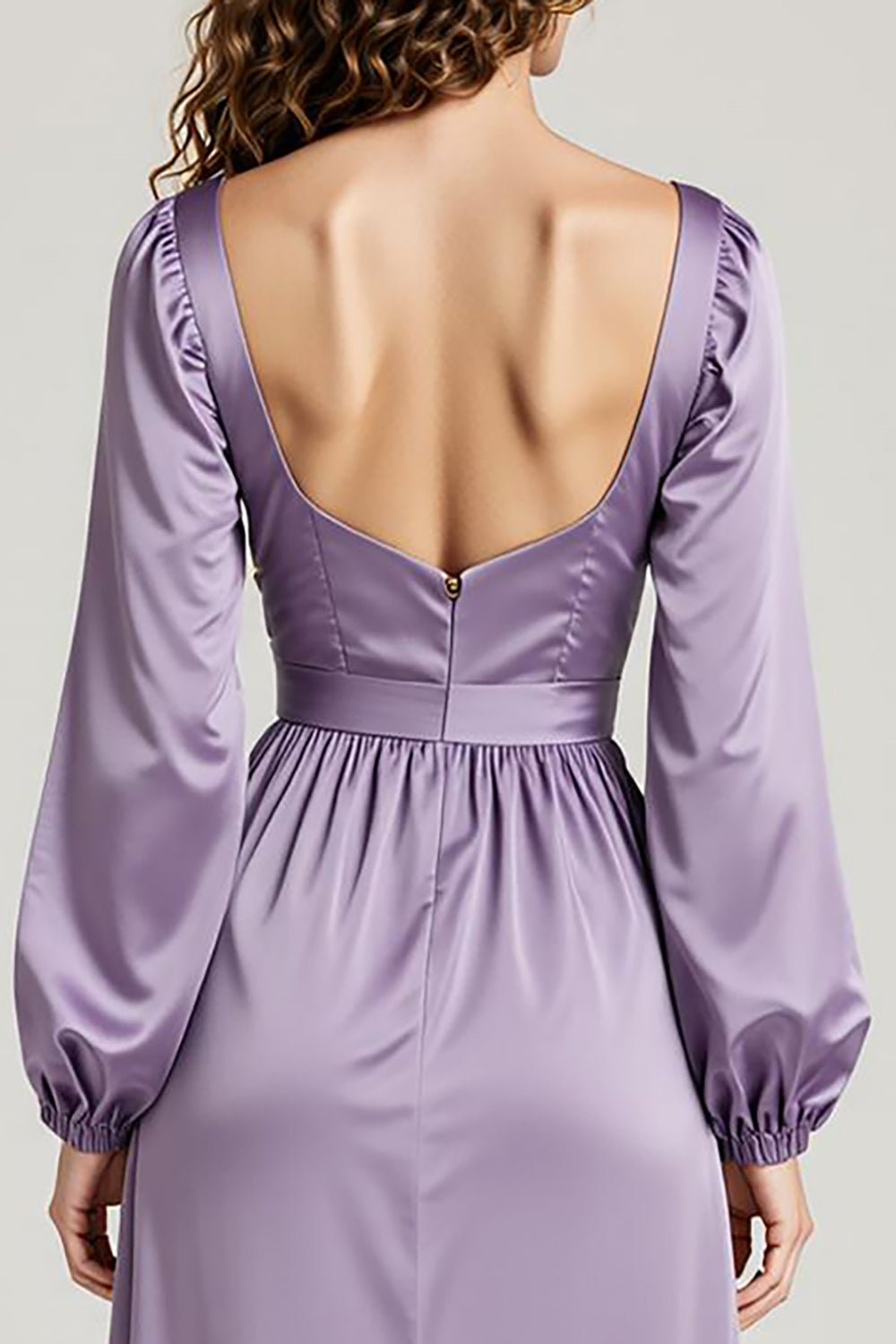 Light Purple A-Line Square Neck Long Sleeve Wedding Guest Dress With Slit