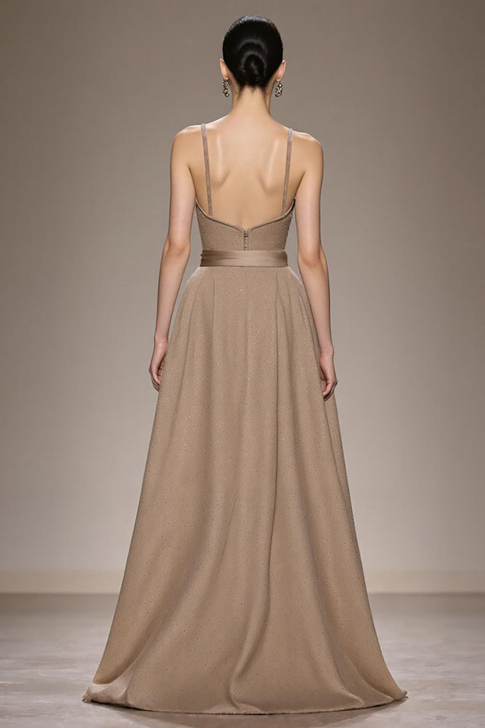 Coffee A-Line Spaghetti Straps Maxi Evening Dress with Sash