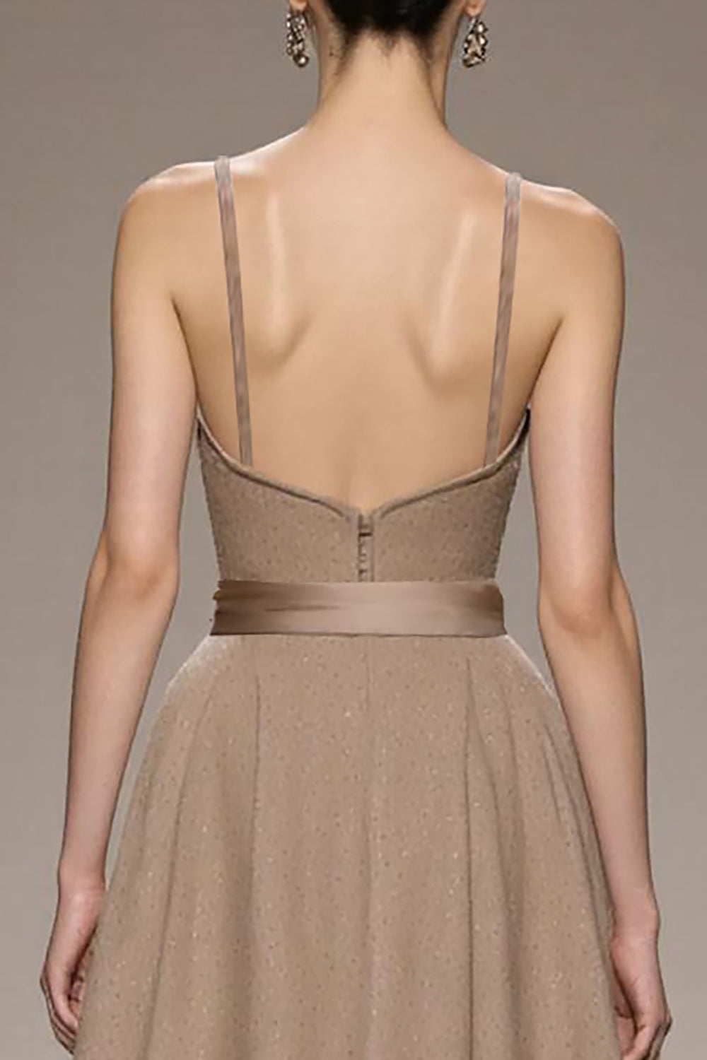 Coffee A-Line Spaghetti Straps Maxi Evening Dress with Sash