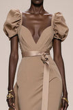 Coffee A-Line Backless Evening Dress with Puff Sleeves
