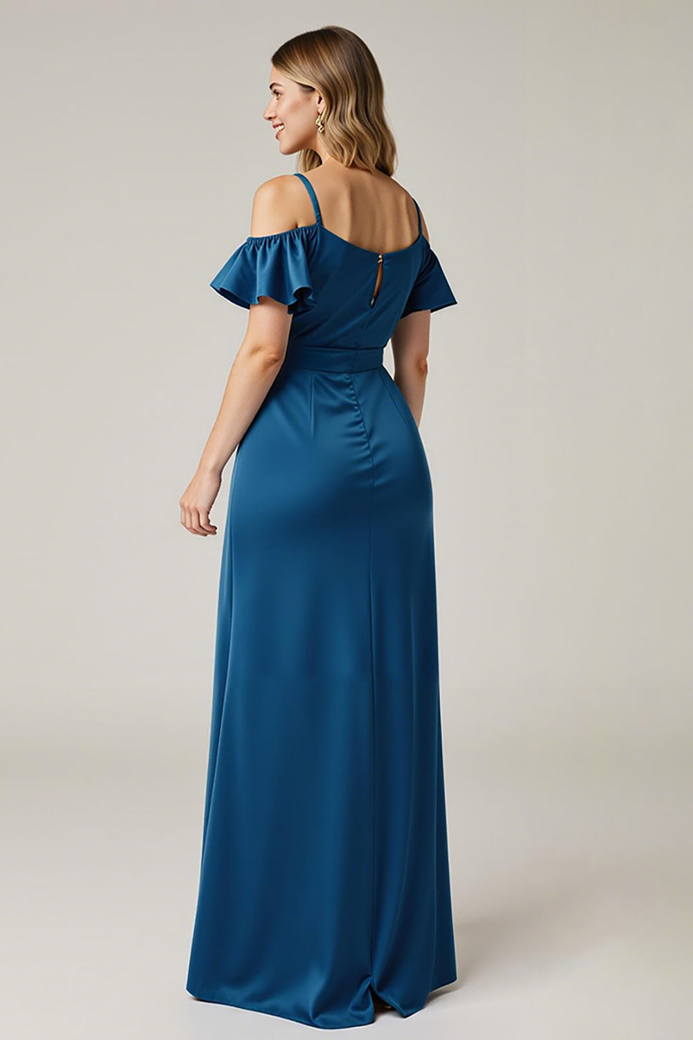 Satin Cold Shoulder Dark Blue Wedding Guest Dress With Slit