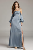 Steel Grey Cold Shoulder Satin Maxi Dress With Slit