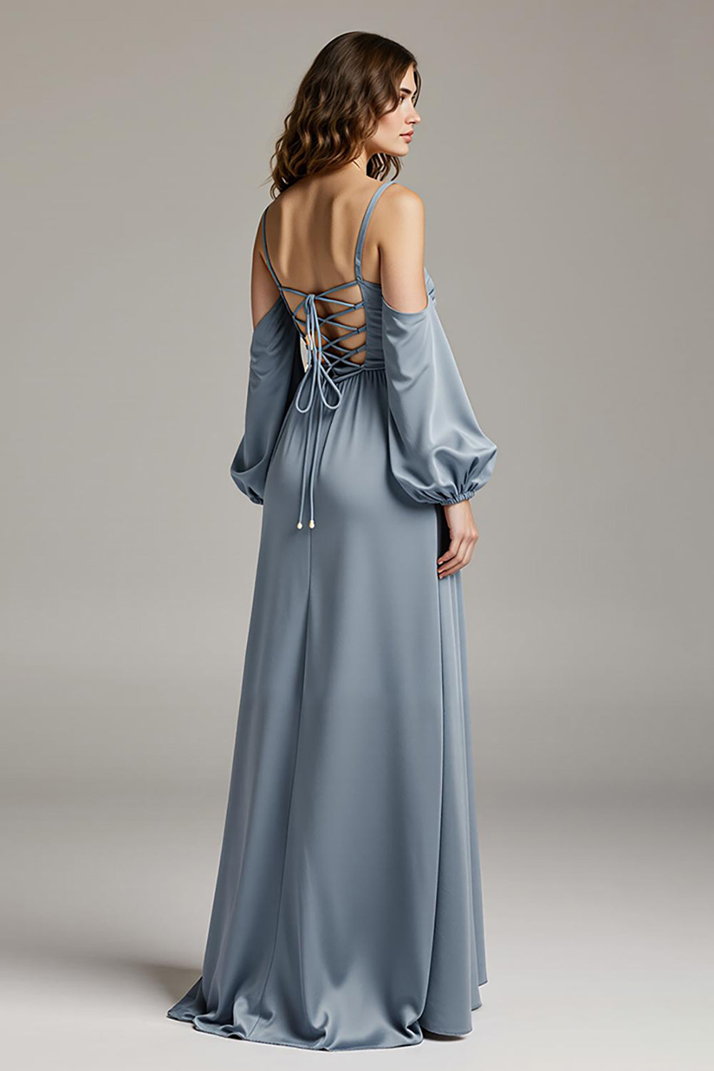 Steel Grey Cold Shoulder Satin Maxi Dress With Slit