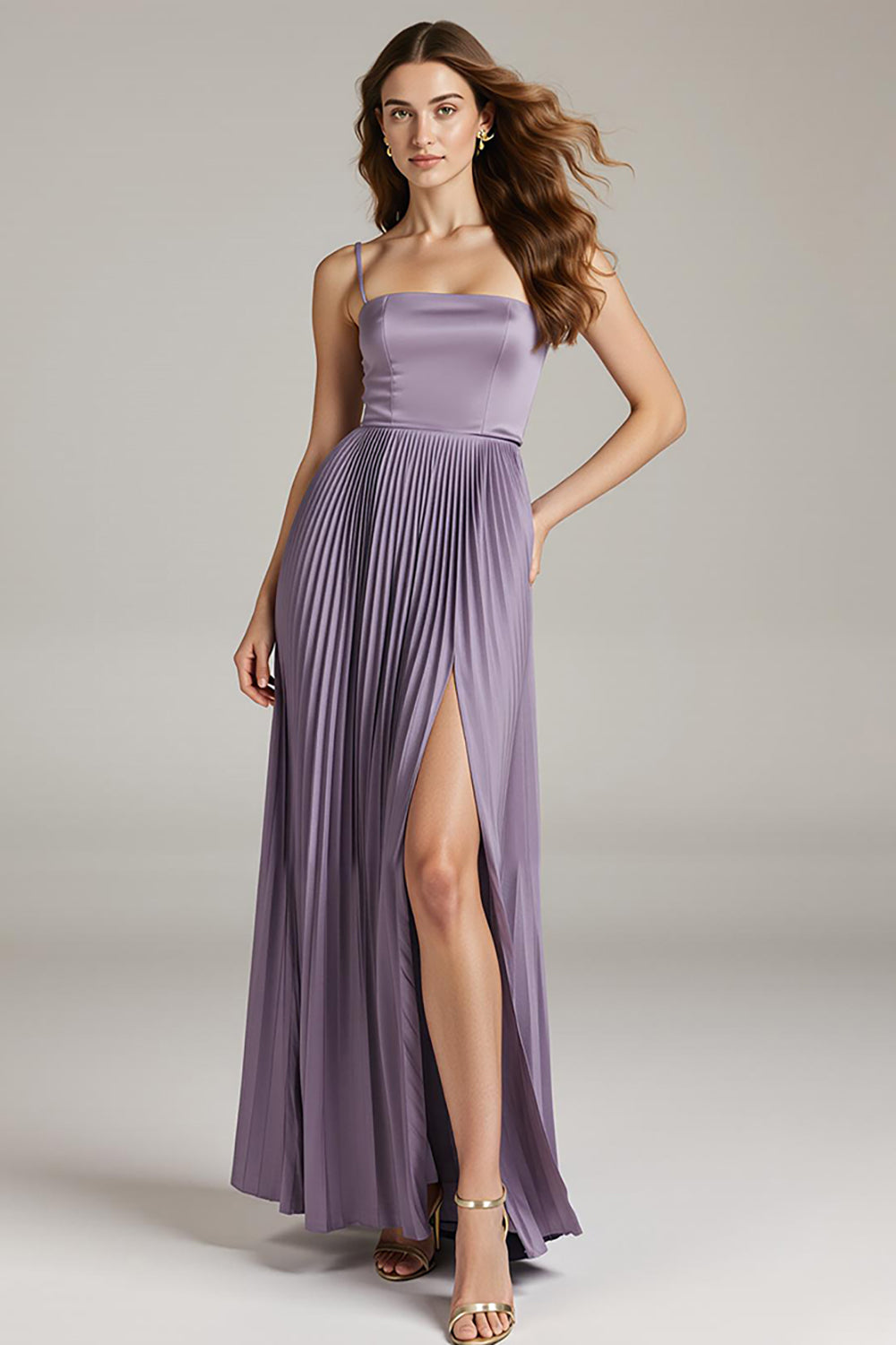 Light Purple Spaghetti Straps A-Line Pleated Maxi Dress With Slit