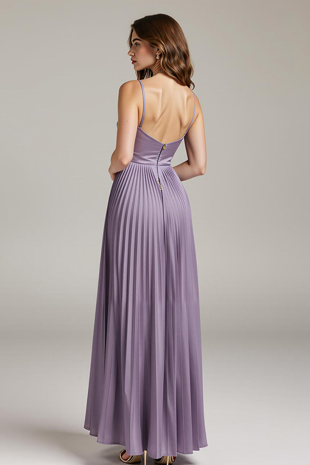 Light Purple Spaghetti Straps A-Line Pleated Maxi Dress With Slit
