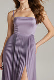Light Purple Spaghetti Straps A-Line Pleated Maxi Dress With Slit