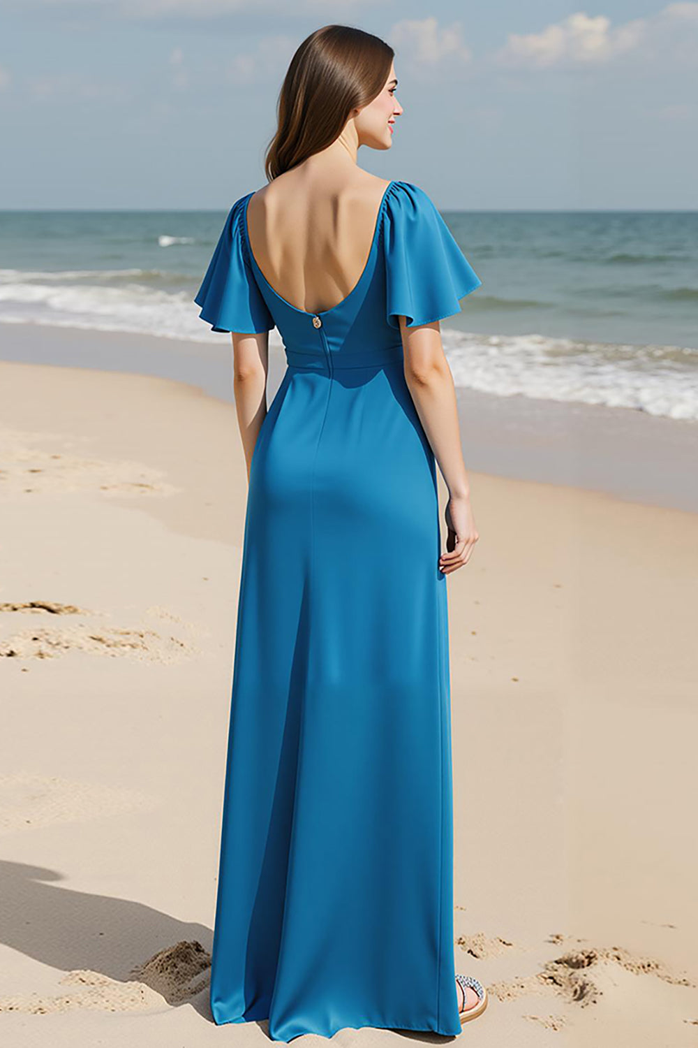 Royal Blue A-Line Square Neck Maxi Wedding Guest Dress
