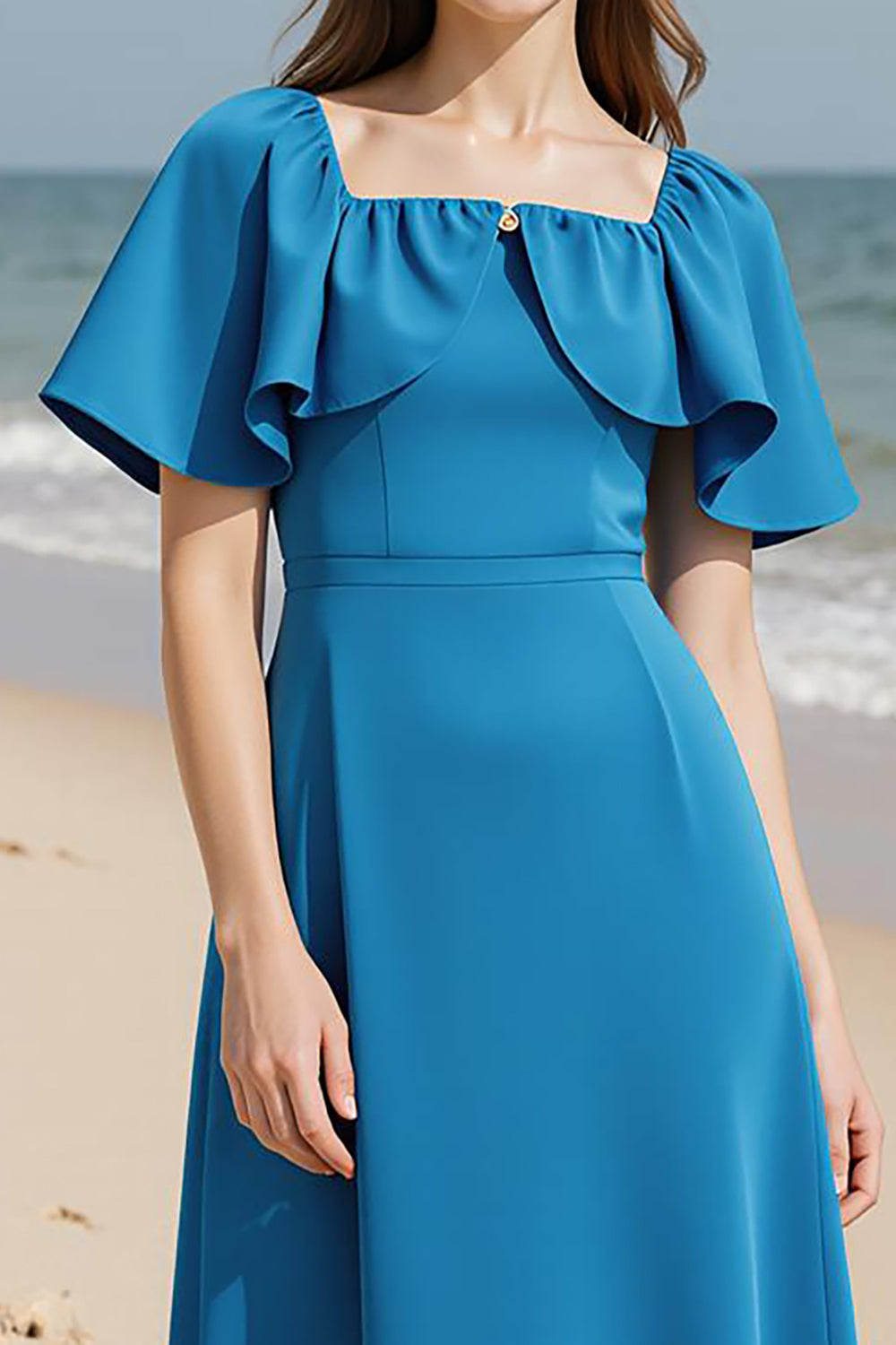 Royal Blue A-Line Square Neck Maxi Wedding Guest Dress