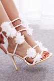 Ankle Strap Stiletto High Heel White Flower Wedding Shoes