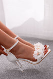 Embellished White Floral Ankle Strap Stiletto Wedding Sandals