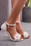 Embellished White Floral Ankle Strap Stiletto Wedding Sandals
