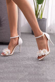 Embellished White Floral Ankle Strap Stiletto Wedding Sandals