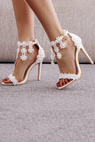 White Flower Lace High Heel Ankle Strap Wedding Shoes