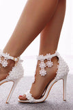 White Flower Lace High Heel Ankle Strap Wedding Shoes