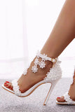 White Flower Lace High Heel Ankle Strap Wedding Shoes