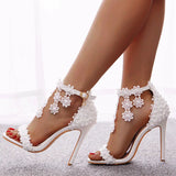 White Flower Lace High Heel Ankle Strap Wedding Shoes