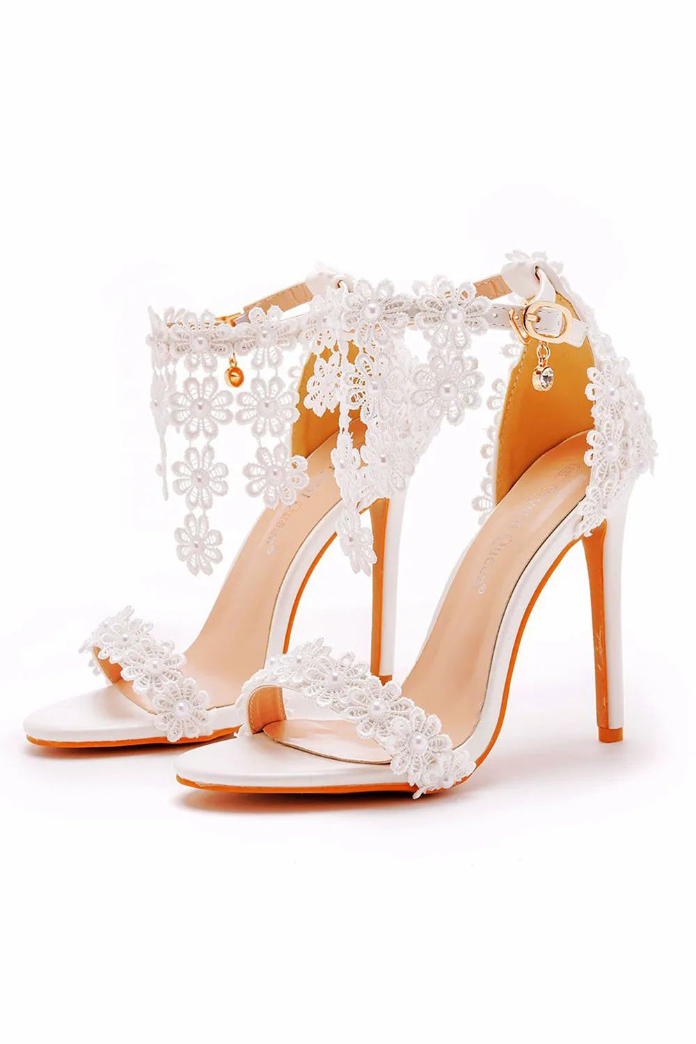 White Flower Lace High Heel Ankle Strap Wedding Shoes