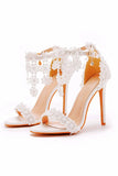 White Flower Lace High Heel Ankle Strap Wedding Shoes