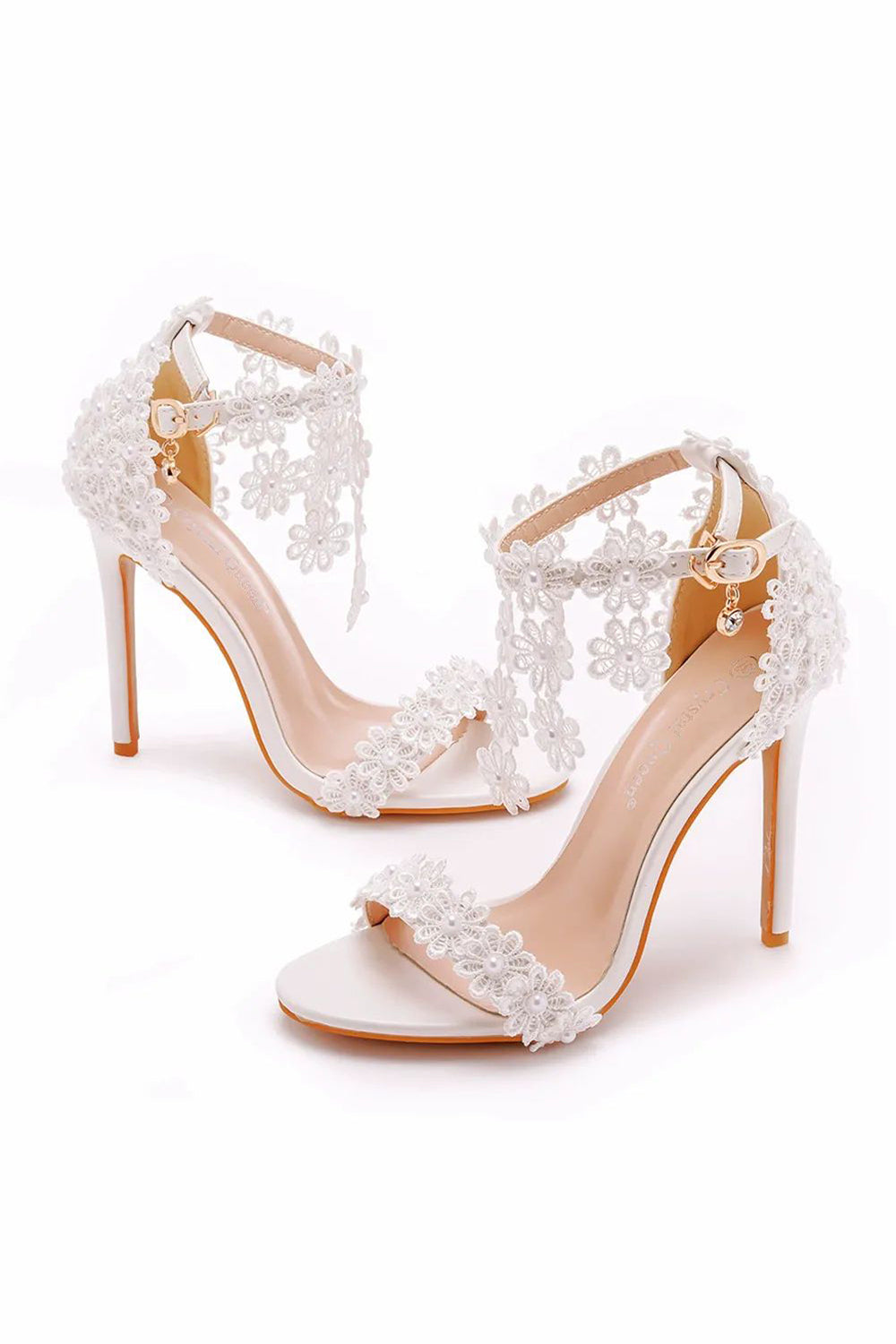 White Flower Lace High Heel Ankle Strap Wedding Shoes