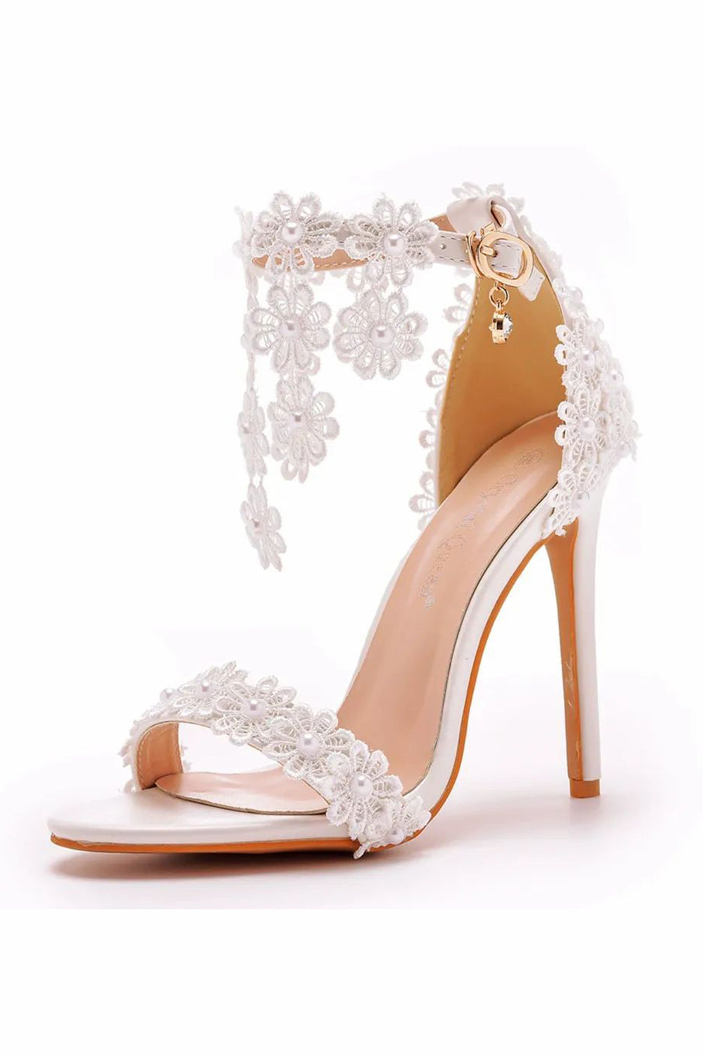 White Flower Lace High Heel Ankle Strap Wedding Shoes
