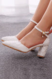 White Ankle Strap Block Heel Wedding Shoes with Appliques