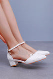White Ankle Strap Block Heel Wedding Shoes with Appliques