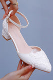 White Ankle Strap Block Heel Wedding Shoes with Appliques