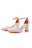 White Ankle Strap Block Heel Wedding Shoes with Appliques