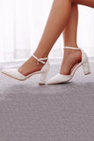 White Ankle Strap Block Heel Wedding Shoes with Appliques