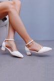 White Ankle Strap Block Heel Wedding Shoes with Appliques