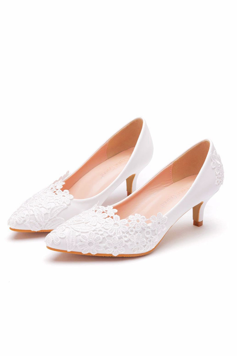 White Lace Closed Toe Pointed Wedding Shoes