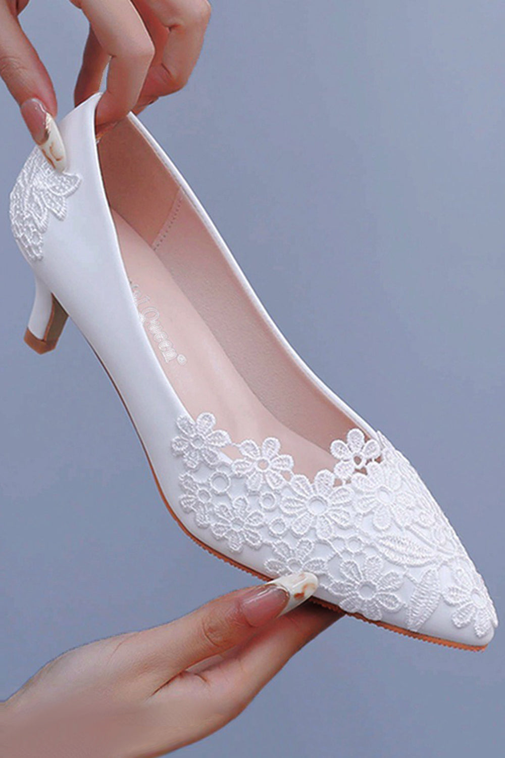 White Lace Closed Toe Pointed Wedding Shoes