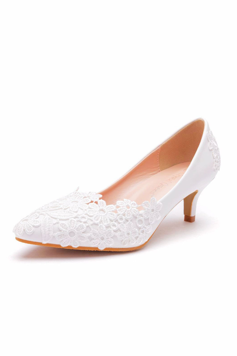 White Lace Closed Toe Pointed Wedding Shoes