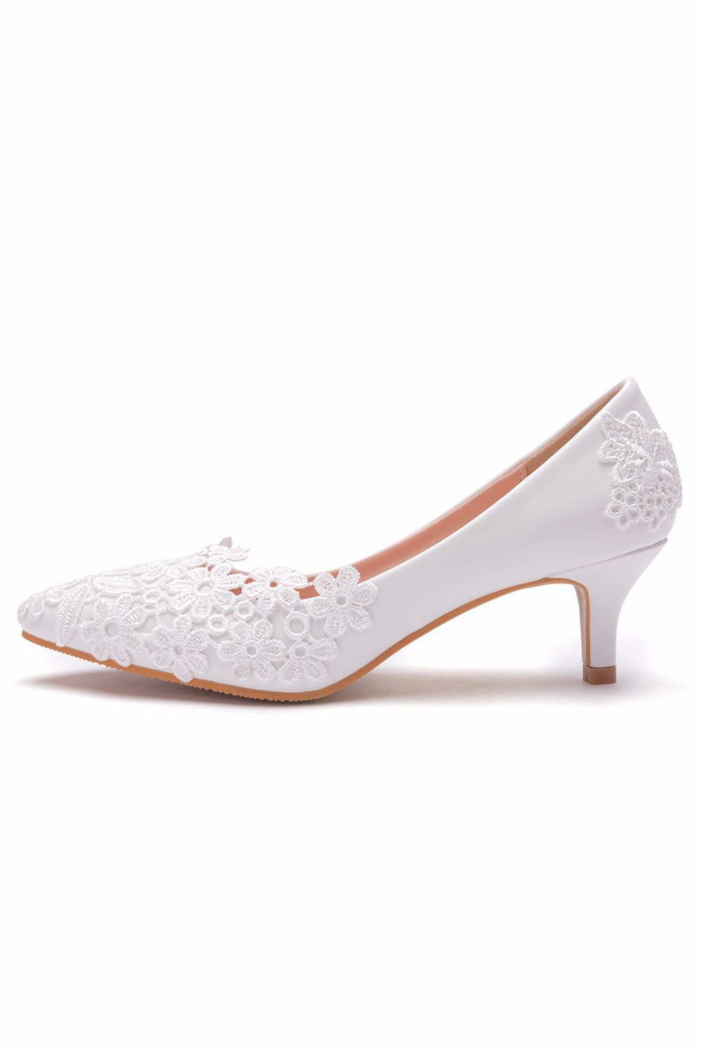 White Lace Closed Toe Pointed Wedding Shoes