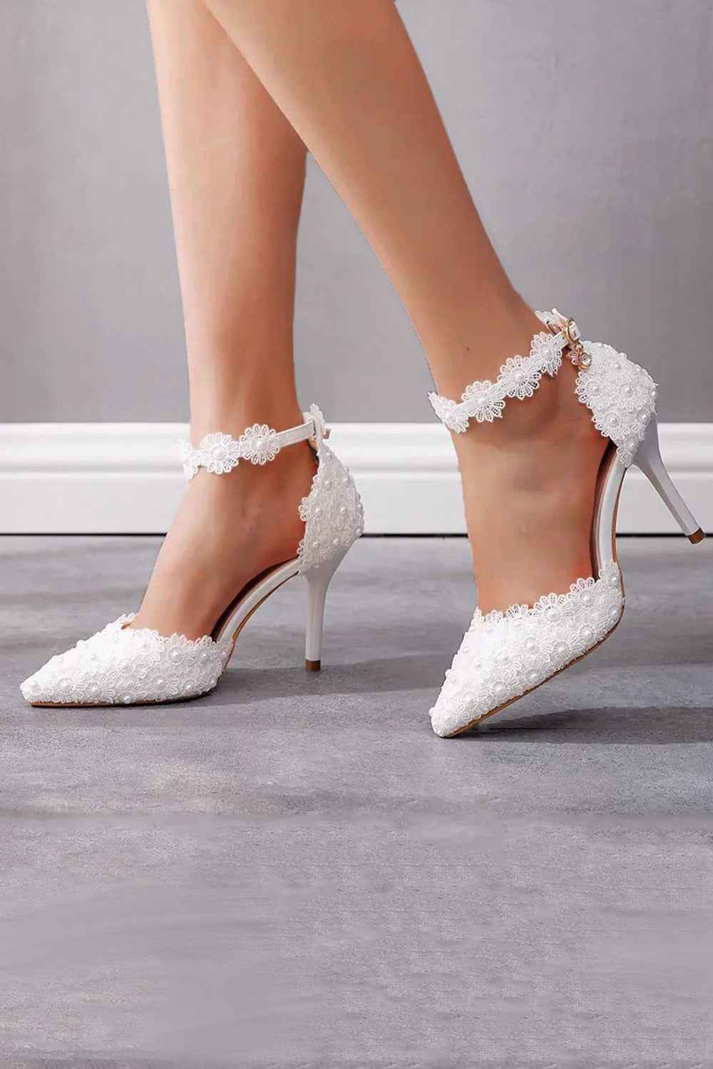 White Block Point Toe Ankle Strap High Heel Wedding Shoes With Pearls