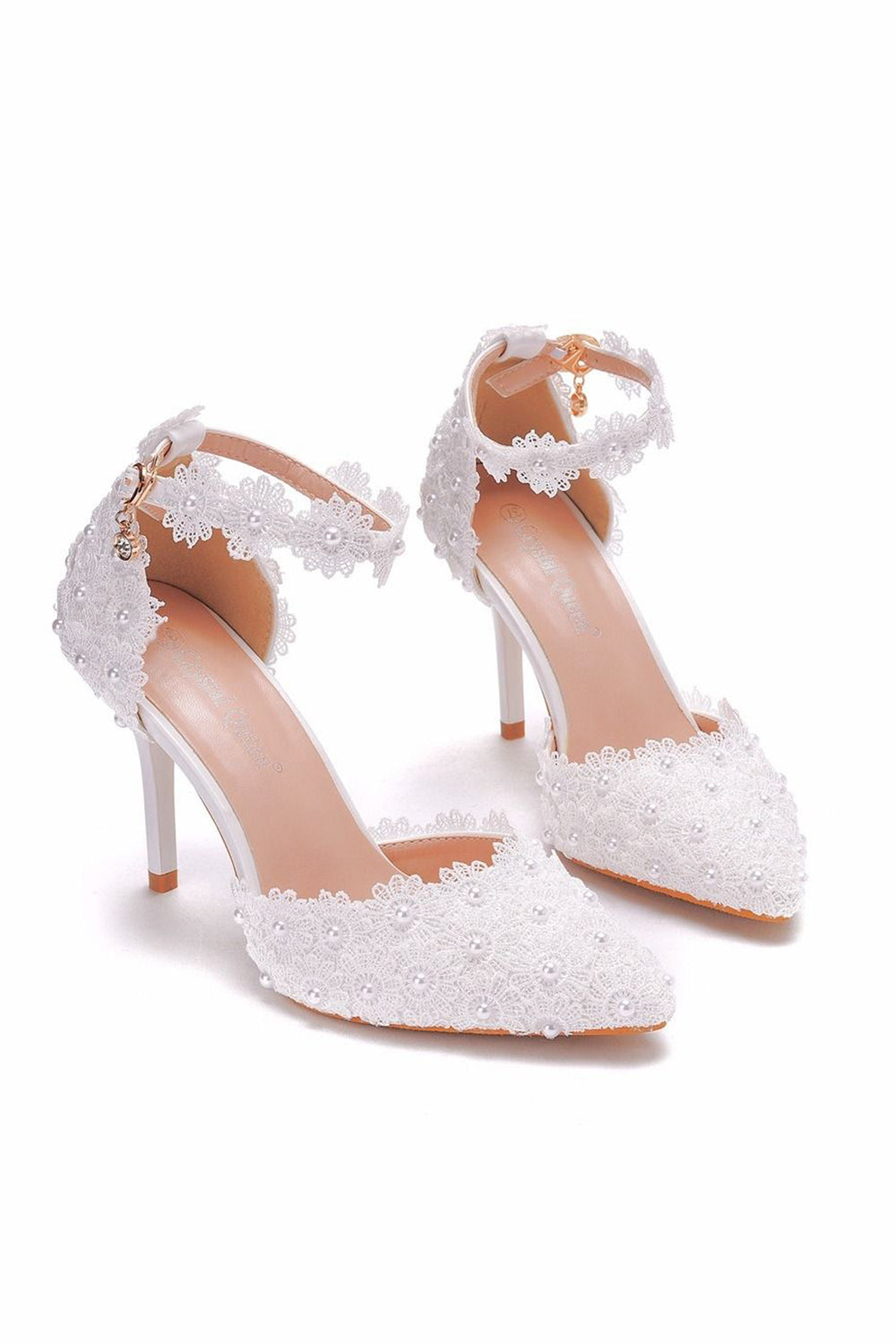 White Block Point Toe Ankle Strap High Heel Wedding Shoes With Pearls