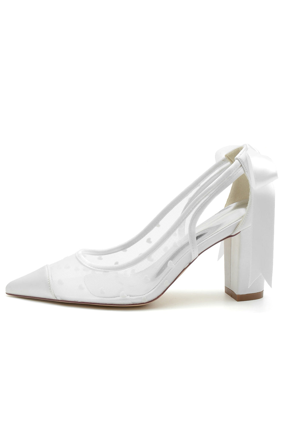 White Pointed Toe Block Heel Wedding Shoes With Bow