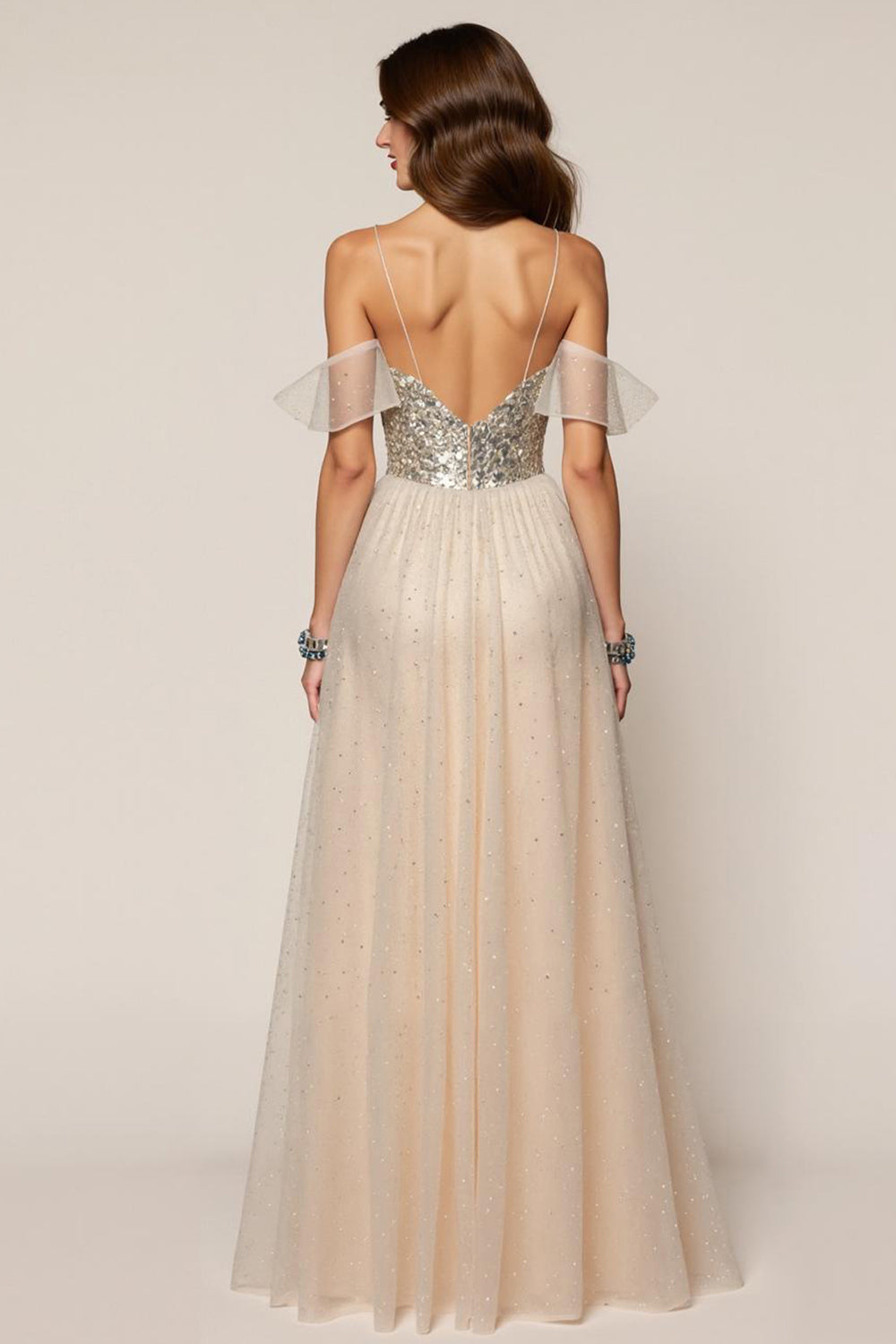 Champagne A-Line Cold Shoulder Sequin Formal Dress With Slit