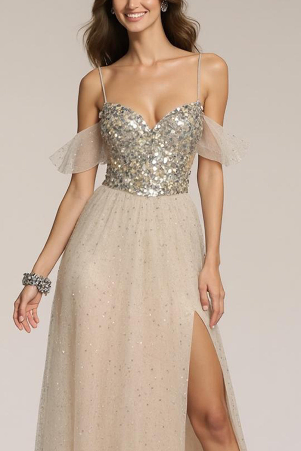 Champagne A-Line Cold Shoulder Sequin Formal Dress With Slit