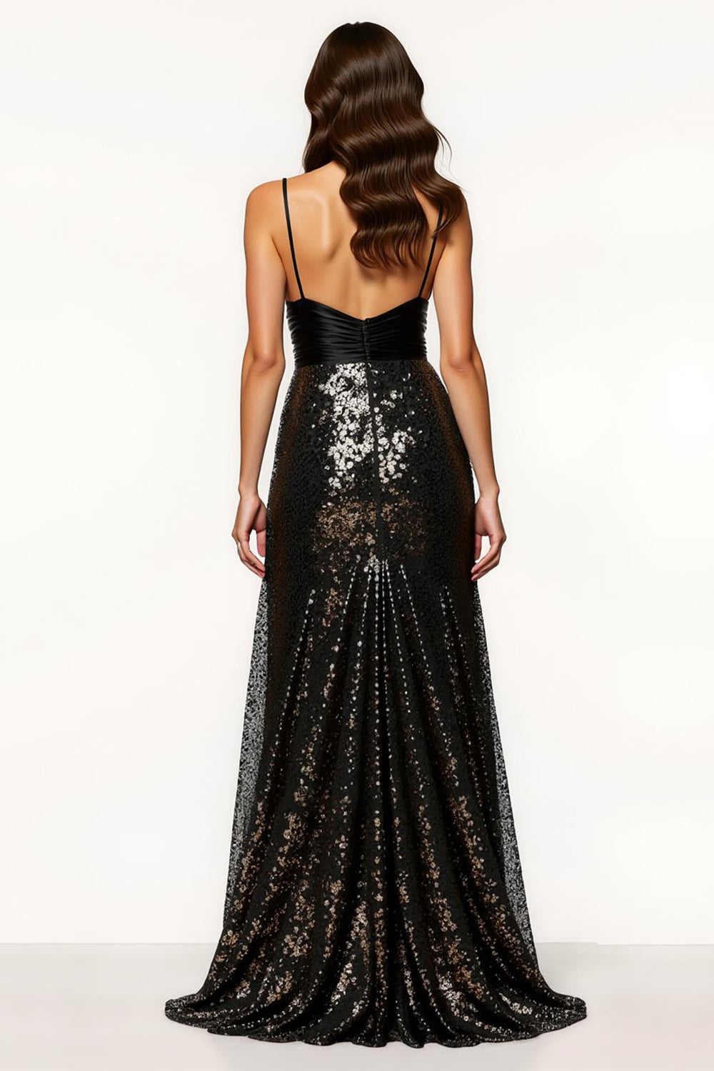 Sparkly Black Spaghetti Straps Long Formal Dress With Slit