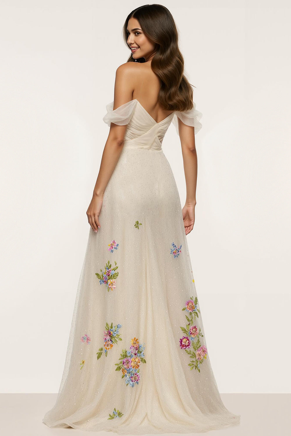 Off The Shoulder Ivory Appliqued Floral Prom Dress With Slit