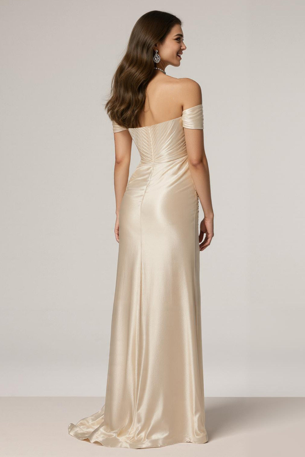 Off The Shoulder Champagne Ruched Sheath Formal Dress