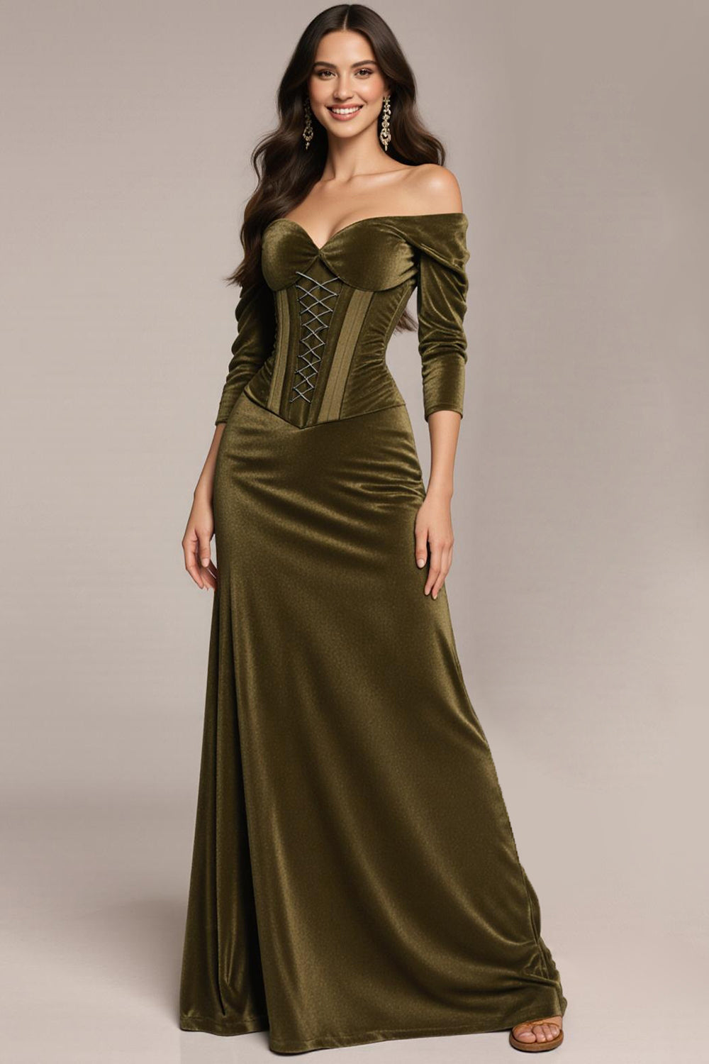 Off The Shoulder Green Velvet Formal Dress With 3/4 Sleeves