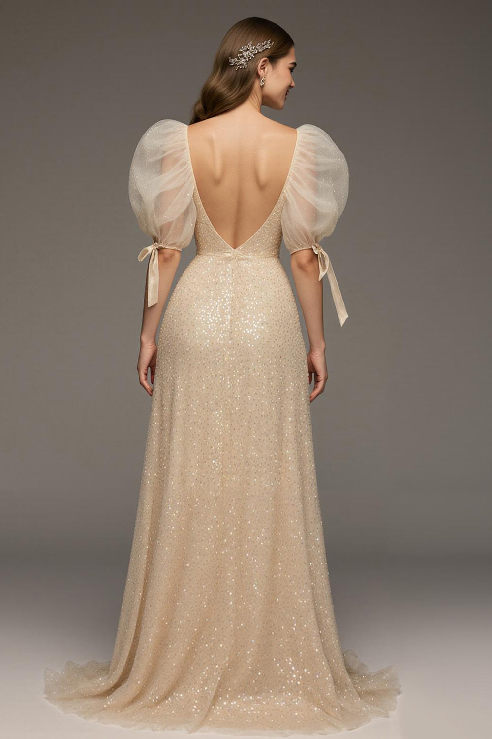 Champagne A-Line Puff Sleeve Maxi Dress with Slit