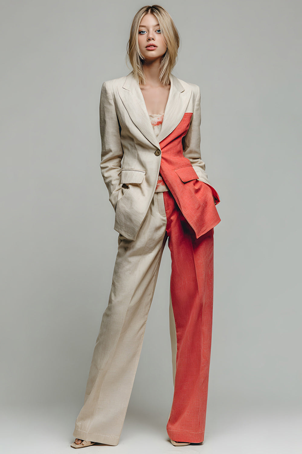 Khaki 2-Piece Peak Lapel One Button Colorblock Women Suits