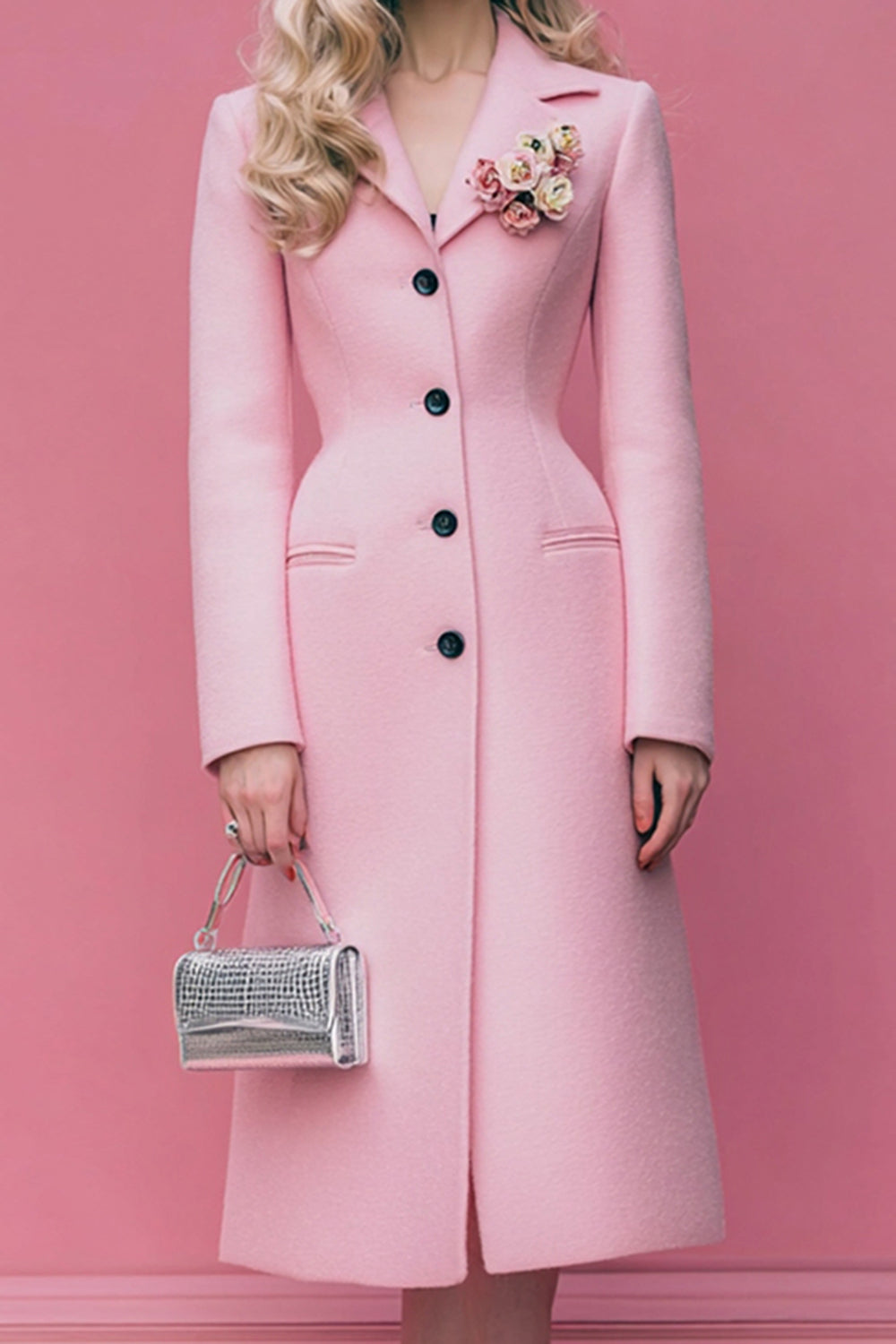 Pink Notched Lapel Single Breasted Long Sleeve Blazer Dress